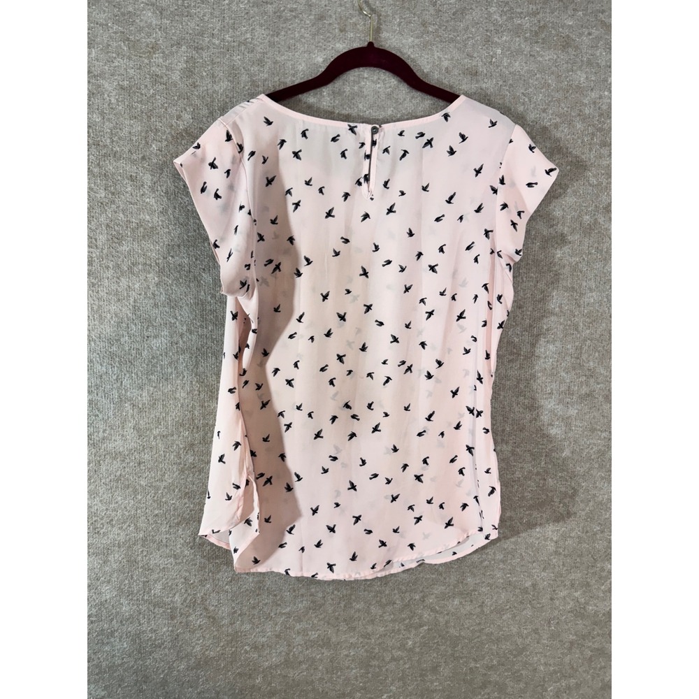 Sweet Rain Bird Print Blouse Women Medium Pink Short Sleeve Flutter Career Chic